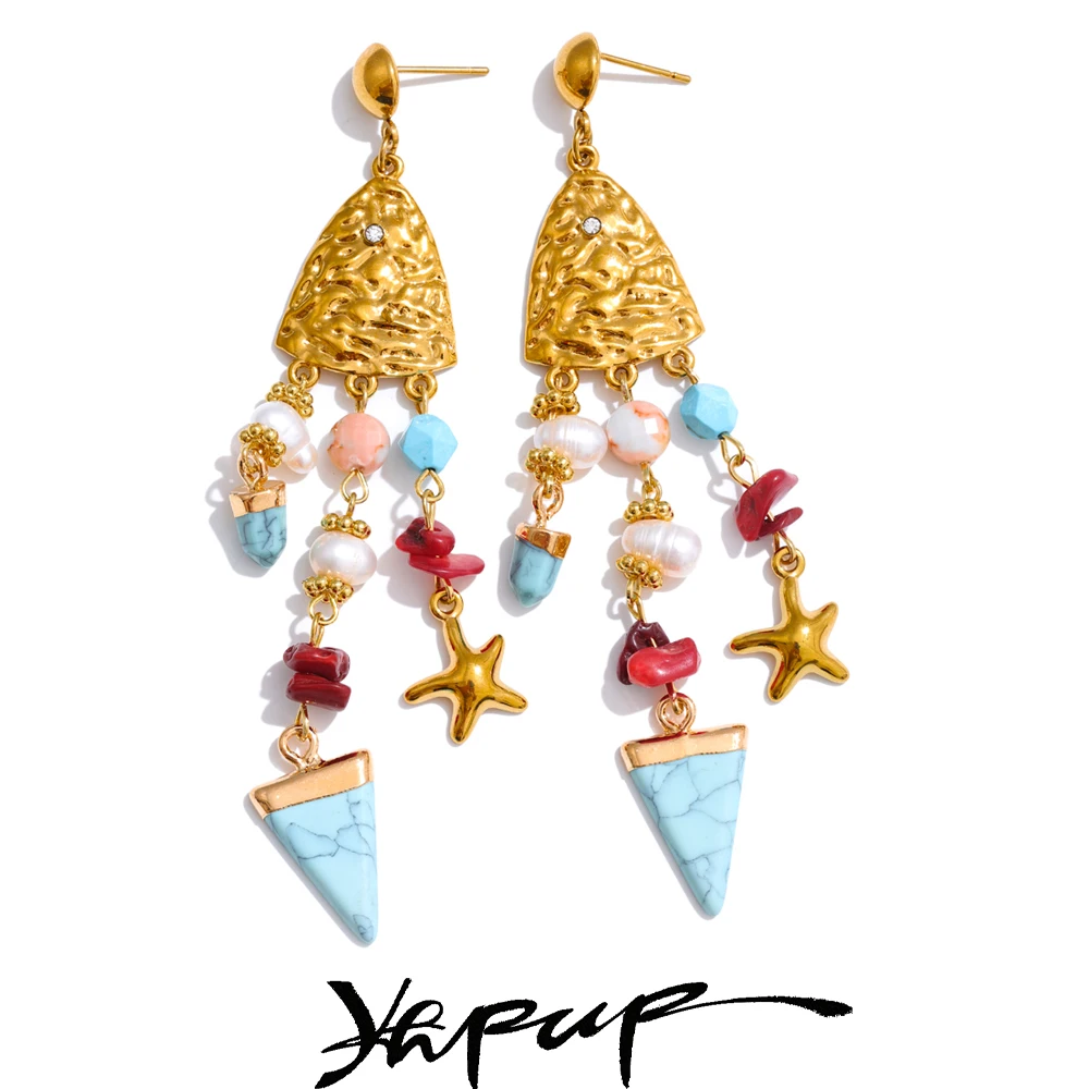 Yhpup Handmade 316L Stainless Steel Pearl Resin Triangle Dangle Earrings