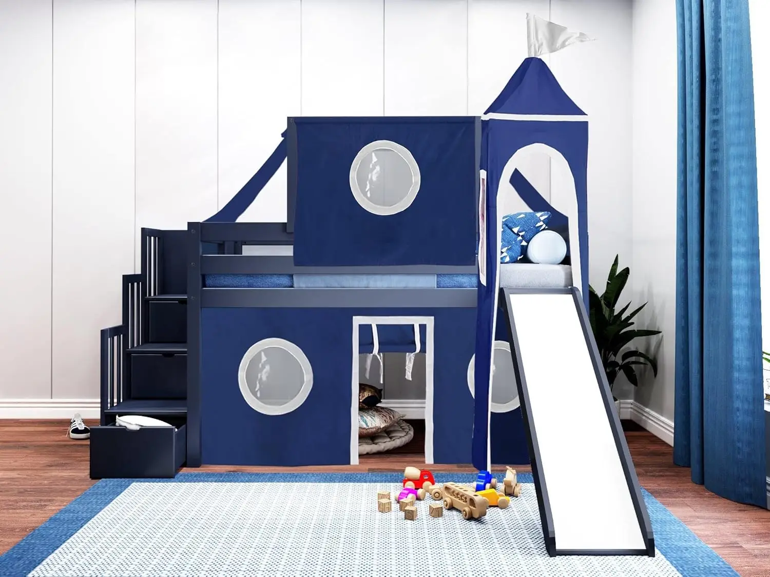 Castle Low Loft Stairway Bed with Slide Blue & White Tent and Tower Loft Bed Twin Suitable for Attic Beds Stairs Slides Only