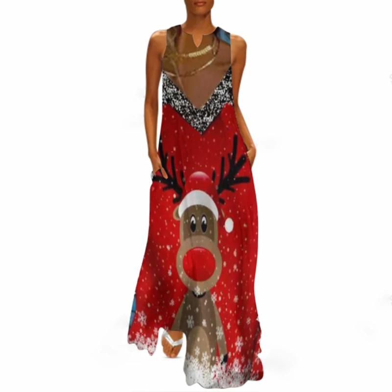 

Christmas Tree Dress Snowman Party Evening Dresses Summer Long Dress Red Sleeveless V-neck Casual Beach Dresse Vestidos Deer