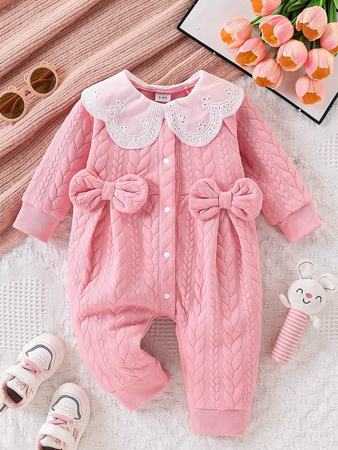 Cozy Pink Cable Knit Romper with Lace Collar and Bows