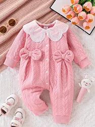 Cozy Pink Cable Knit Romper with Lace Collar and Bows - 12 - 18m (Pink)