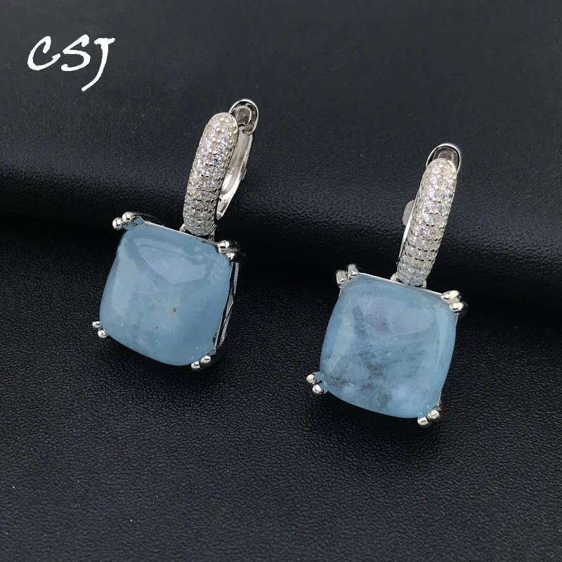 

CSJ Beautiful Natural Aquamarine Earring Sterling 925 Silver Charoite Cushion 12mm for Women Birthday Party Jewelry Gift
