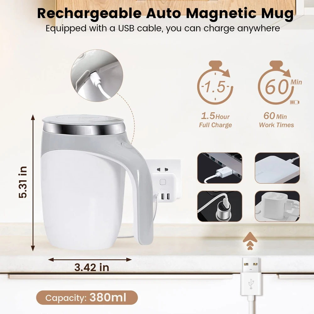 Electric Stirring Mug Automatic Mixer Cup Self Stirring Coffee Mug Electric Magnetic Rotating Milk Cup Rechargeable Stainless Steel Thermos 380ml