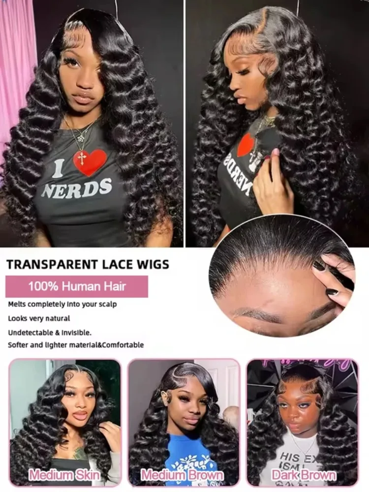 250% Loose Wave Curly 13x6 HD Lace Frontal Human Hair Wigs 30 40Inch Brazilian Water Deep Wave  For Women