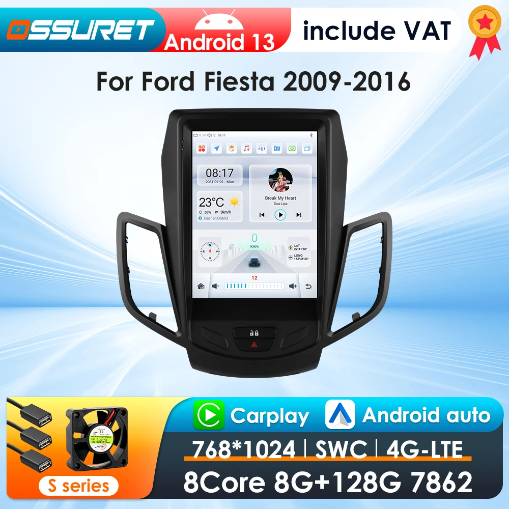 OSSURET 9.7inch 2 DIN Android 13 Car Radio for Ford Fiesta 2009-2017 Multimedia Stereo Vertical Screen Carplay Panoramic Camera