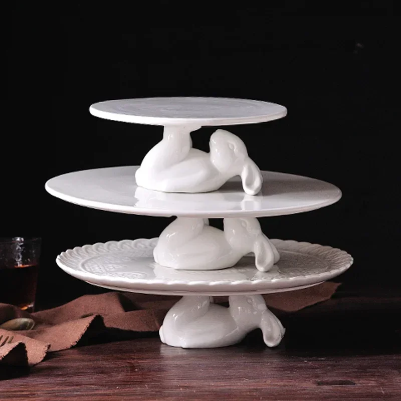 White Round Rabbit Ceramic Dinner Plate Cute Animal Fruit Cake Plate Desktop Display Wedding Dessert Rabbit Tray Decor