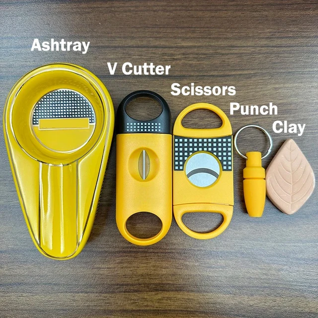 Yellow Classic 4 Cigar Set Cigar Cutter Pocket Ashtray V-Cut Sharp Puro Scissors Guillotine Punch Knife Cuba Cigar Accessories - Image 3