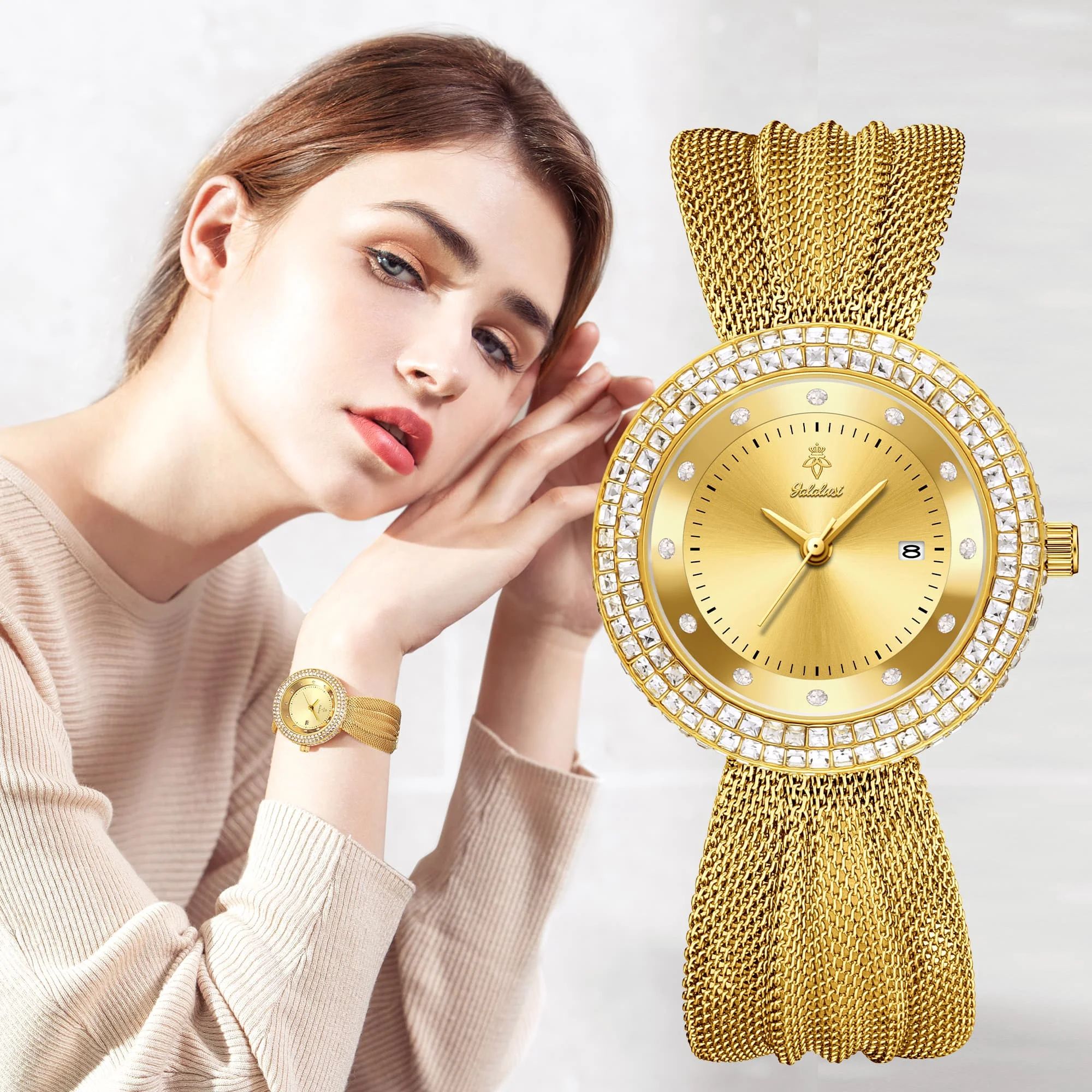 Glittrande strass kvartsklocka för dam lyxig guld rostfritt stål_voghion.com
