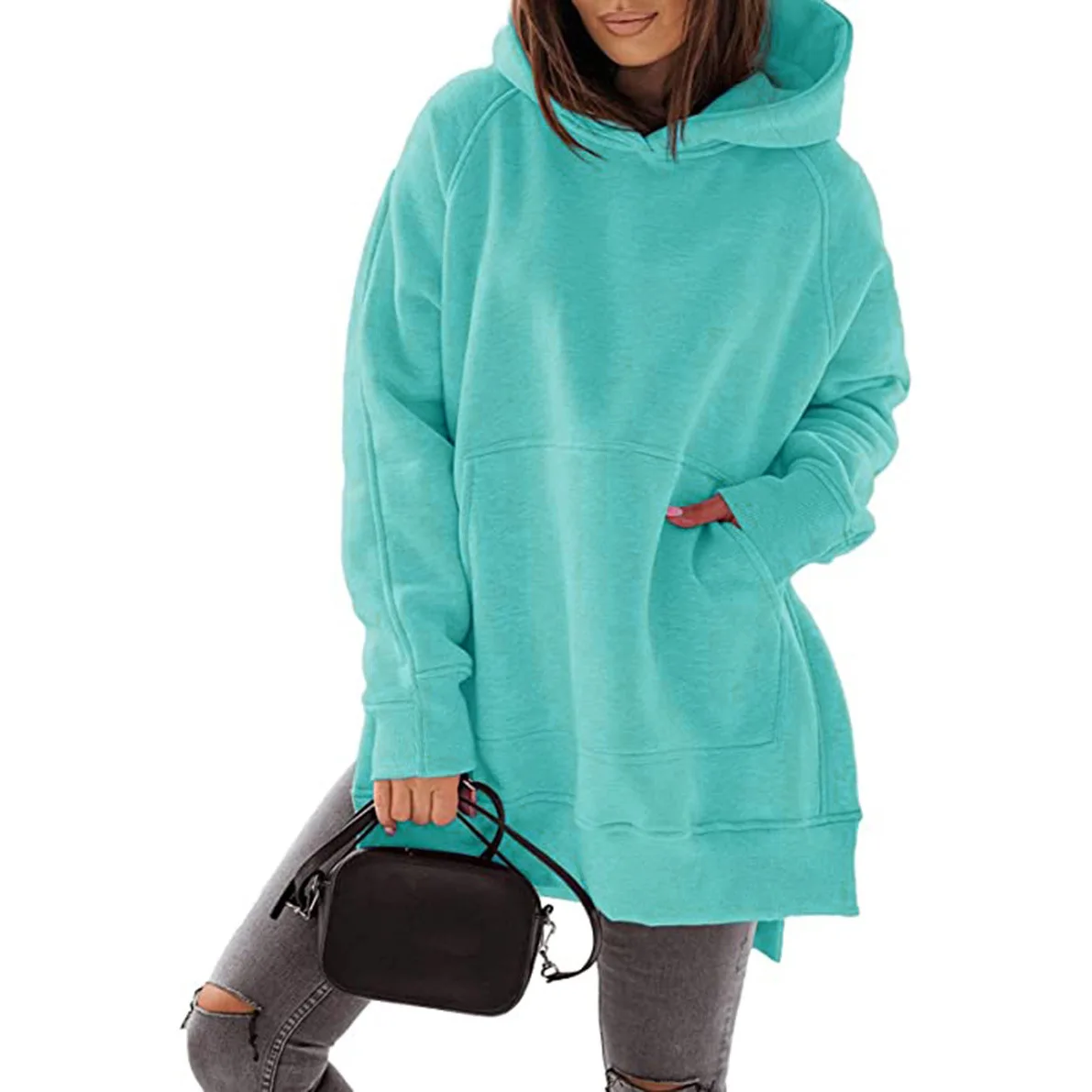 

Women New Long Sleeve Fleece Hooded Sweatshirt Korean Style Sweater Solid Pocket Pullover Loose Casual Long Sleeve Sweater Top