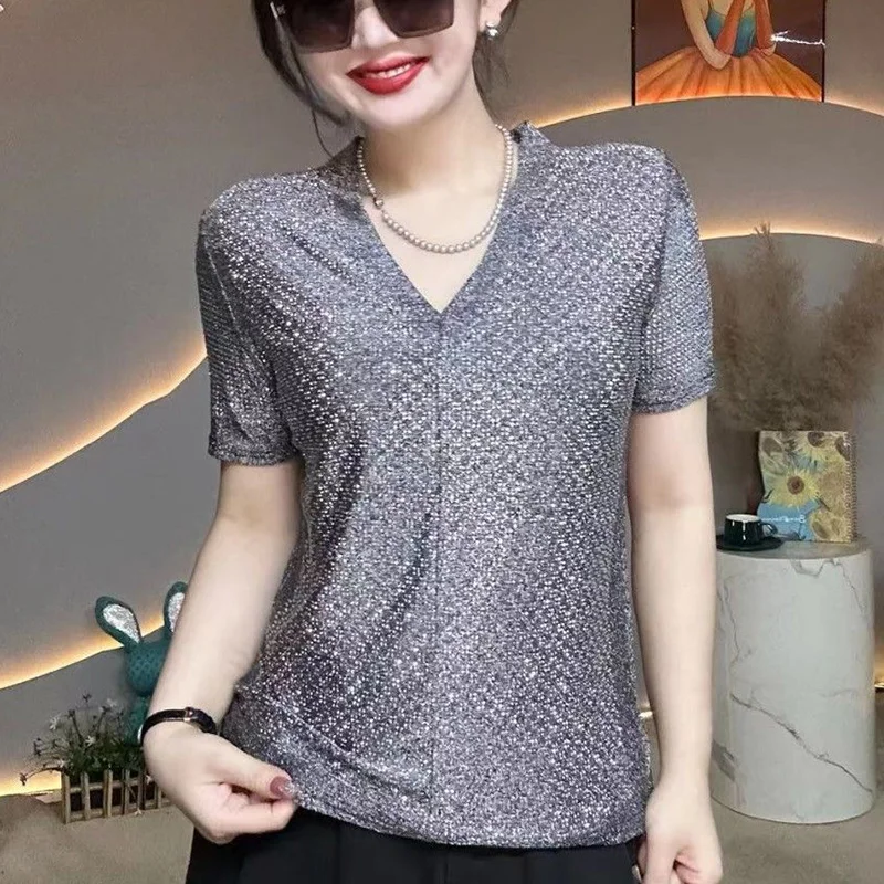 

Summer V-neck Solid Color Chic Diamons Pullover T-shirt Ladies Short Sleeve Casual Fashion All-match Tops Women Harajuku Y2K Tee