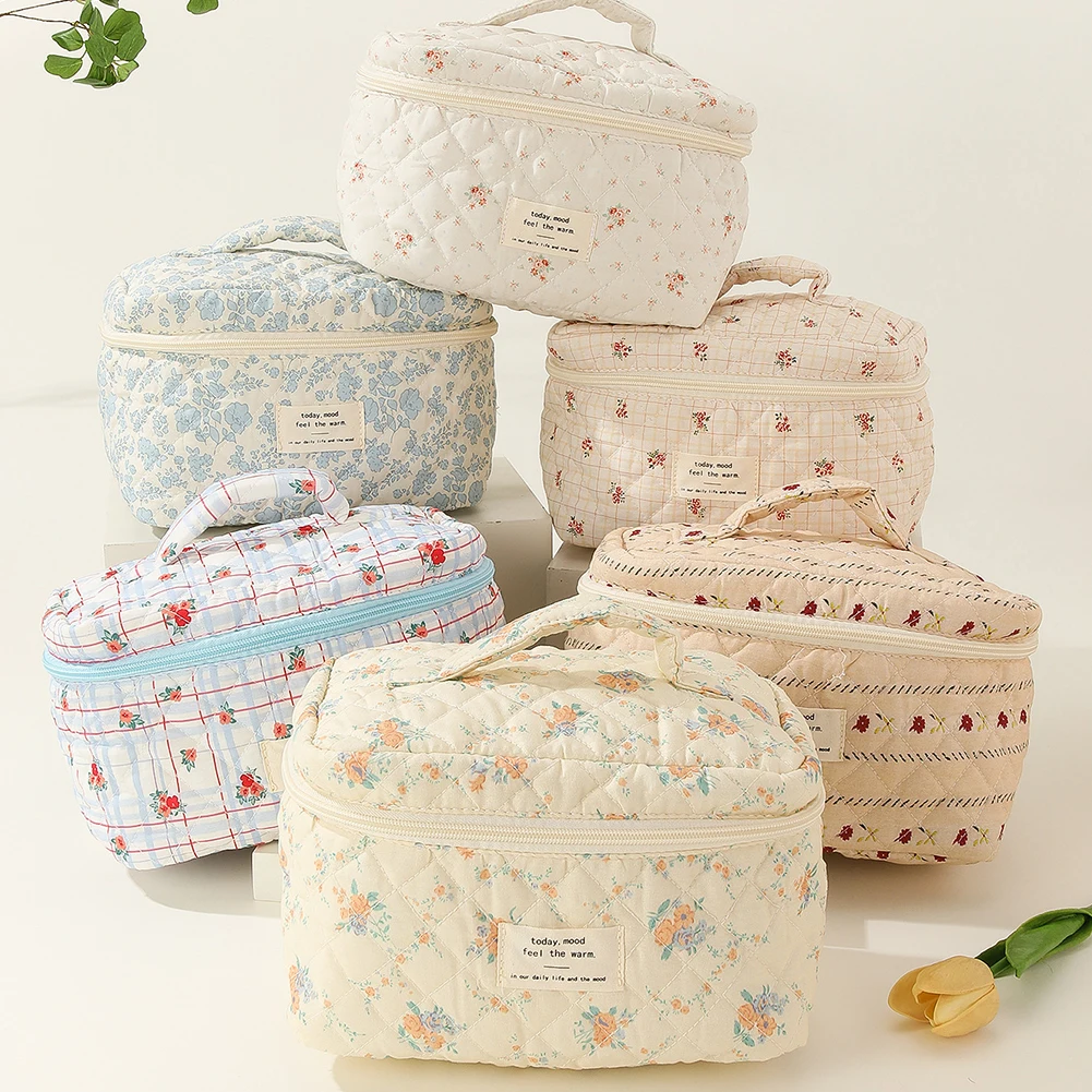 3pcs/set Ladies Quilted Cotton Storage Bag Aesthetic Printed Makeup Bag Women's Large Capacity Toiletry Organizer Cosmetic Pouch 4