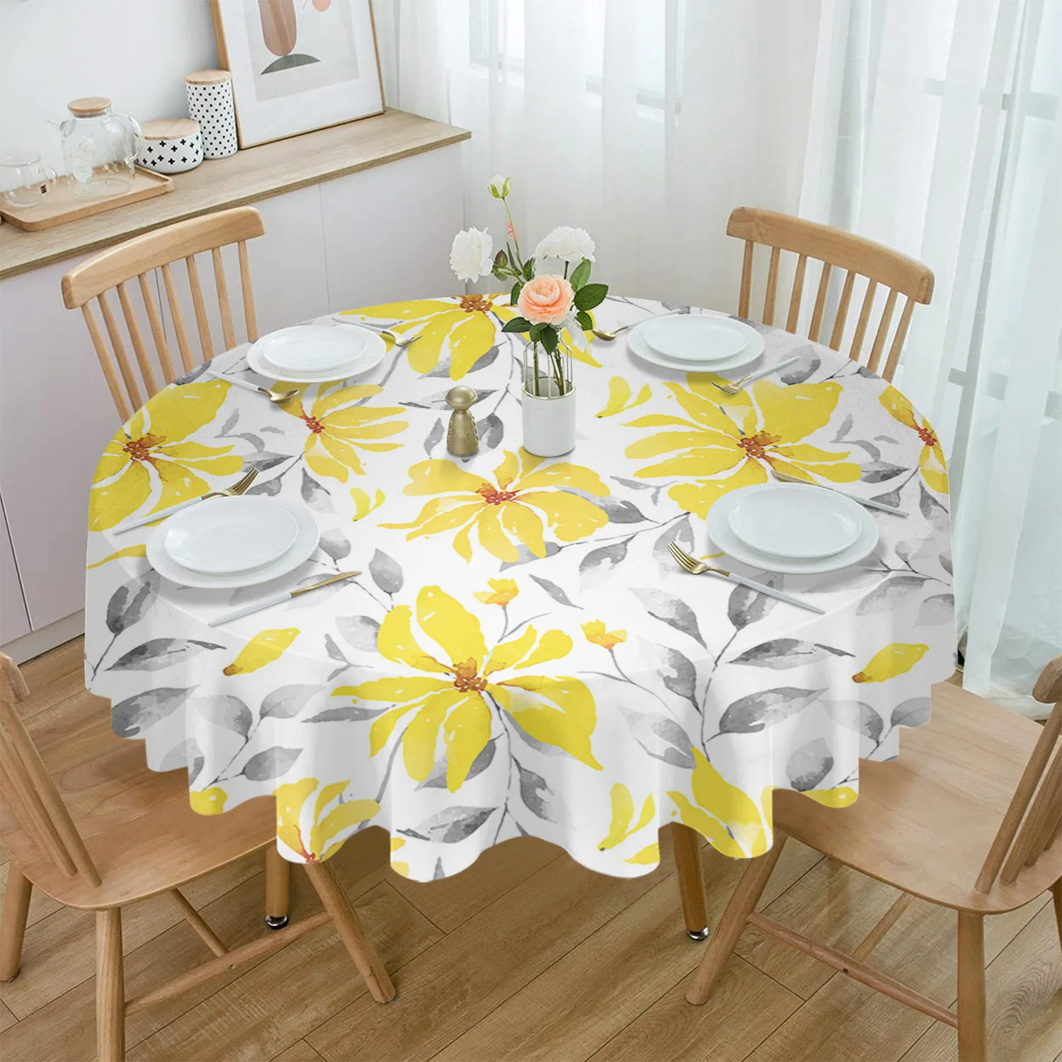 

Watercolor Yellow Flowers Abstract Art Waterproof Tablecloth Table Decoration Wedding Home Kitchen Dining Room Round Table Cover