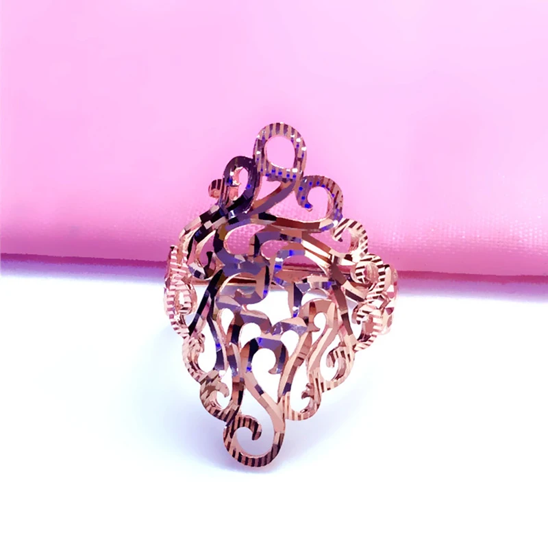 

Creative New 585 Purple Gold 14K Rose Gold Shiny Flower Rings for Women Open Wide Hollow Design Luxury Engagement Jewelry