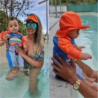 2024 baby boys girls swimwear with cap surfing Wear  swimming suit infant toddler kids children Sunscreen beach bathing Suit 5