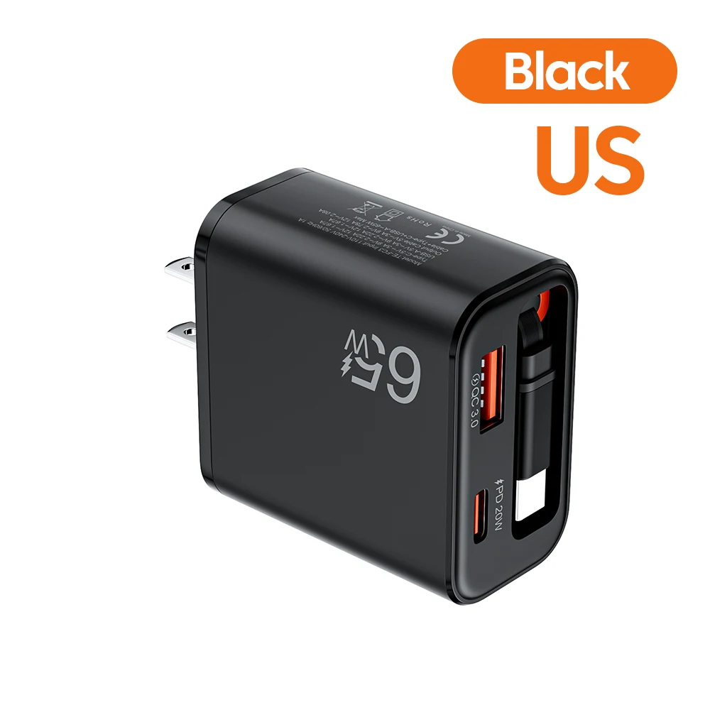 Elough 65W chargeur de téléphone avec câble USB C de Charge rapide rétractable pour iPhone 17 16 POCO Xiaomi QC 3.0 chargeur mural USB