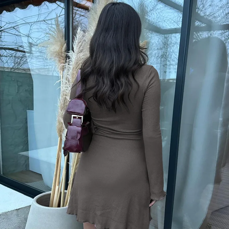 Minivestidos lisos de canalé con cuello redondo y manga larga, ropa de calle Y2K, venta al por mayor, elegante atuendo informal de verano para mujer