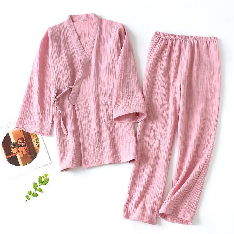 Summer Woman Japanese Couples Pajamas Thin Cotton Gauze Crepe Kimono Yukata Homewear Short Sleeve Sleepwear Loose Nightgown