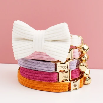 Corduroy Cat Collar with Name Plate Bell Bow Tie Personalized Custom Engraved Cat Collars for Cats 1