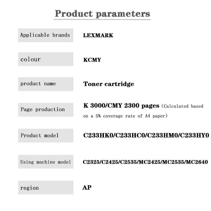 C2330K0 C2330C0 C2330M0 C2330Y0 1K BK/C/M/Y AP toner cartridge for LEXMARK C2325/C2425/C2535/MC2425/MC2535/MC2640