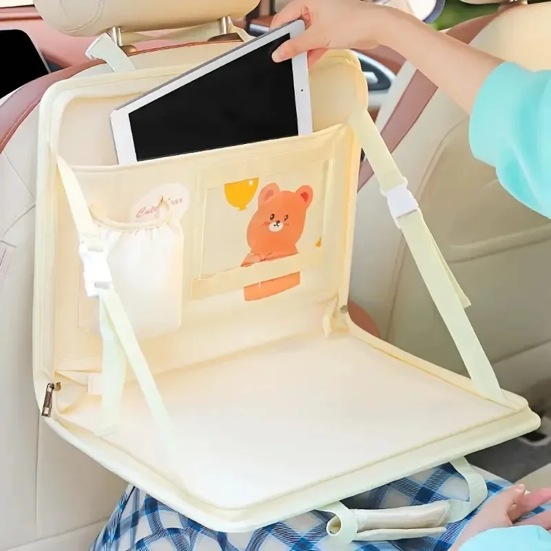 Car Backseat Organizer with Foldable Food Tray for Kids & Adults Steering Wheel Storage Bag Cartoon Bear Hanging Car Organizador