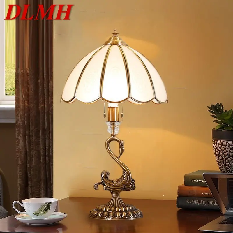 

DLMH Modern Swan Copper Table Lamps LED Creative Retro Brass Glass Desk Light for Home Living Room Bedroom Study Decor