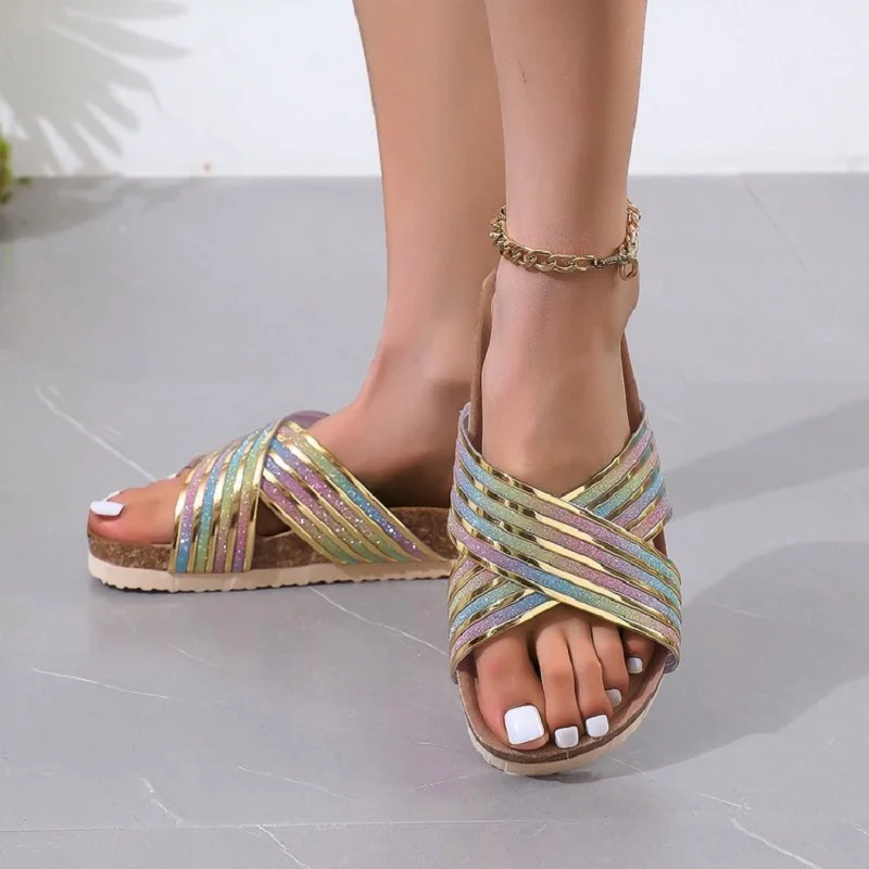 2024 Women's Slippers Colorblock Glitter Sandals Slip On Platform Soft Sole Sequins Decor Slides Summer Beach Carnaval Sandals