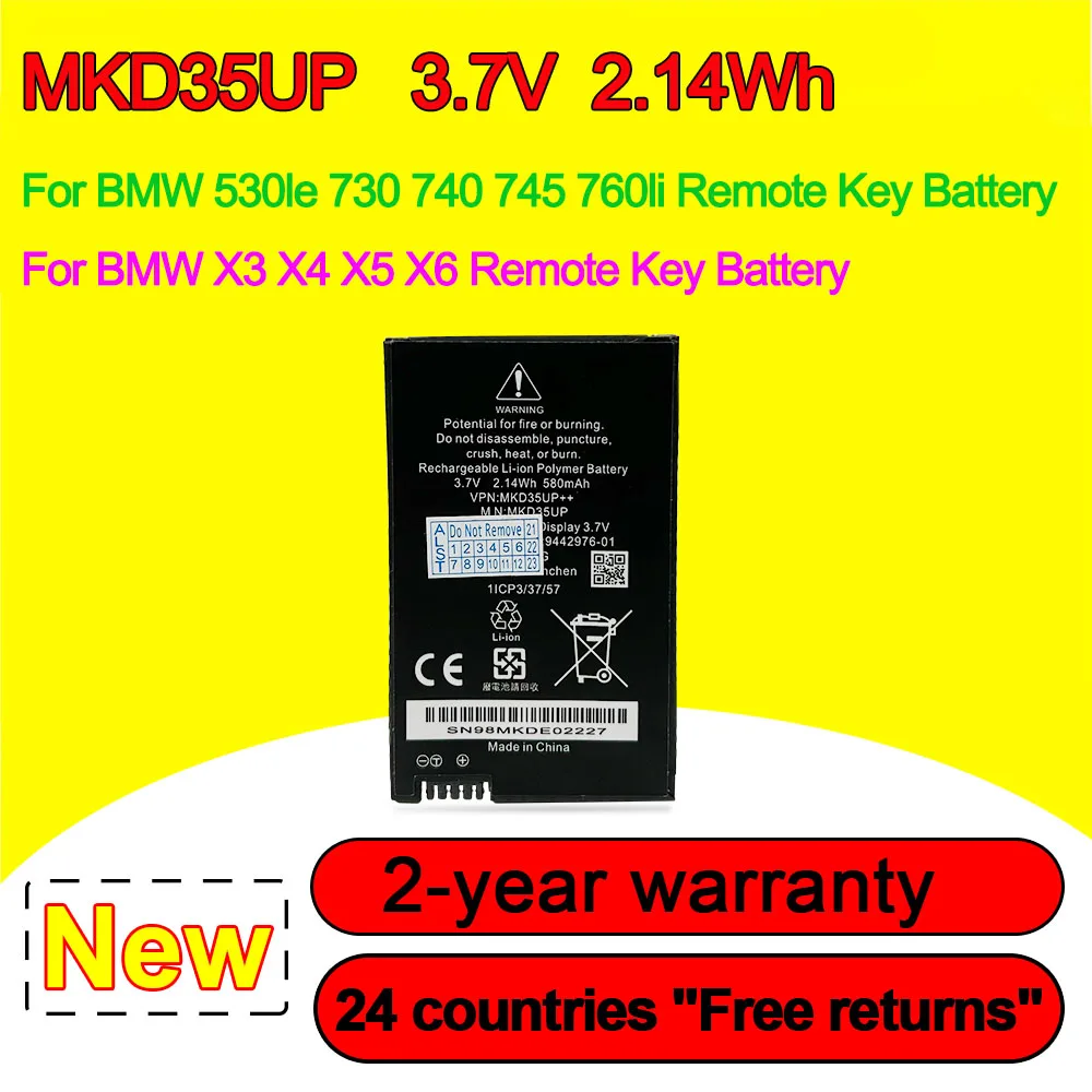 

For BMW 530le 730 740 745 760li X3 X4 X5 Remote LCD Key Battery MKD35UP 1ICP3/37/57 9442976-01 6814351-01 3.7V 2.14Wh 580mAh