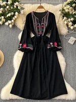 2026 New Spring Autumn Vacation Retro Ethnic Embroidery Dress Lantern Long Sleeve Waist Bohemian Dress A157 - Image 3