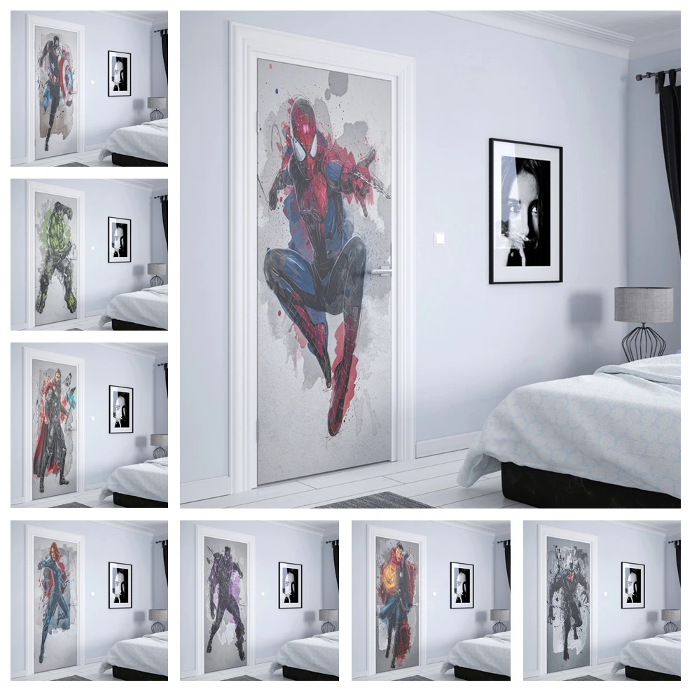 Marvel Superhero Spider-Man Iron Man Hulk Movie Hd Door Sticker Room Modern Acquerello Home Wall Decoration Estetica Art Comic