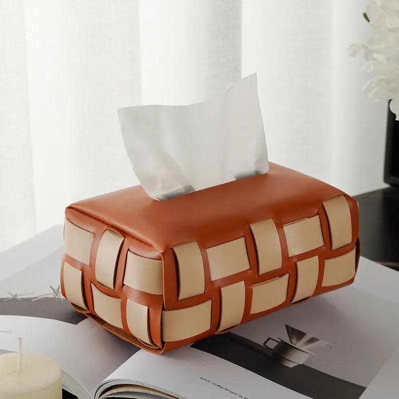 Black and White Checkerboard Woven Leather Car Tissue Box High-end Light Luxury Living Room Dining Table Bedroom Storage Box 5