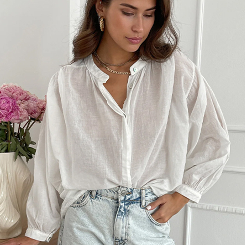 Casual Solid Women Chiffon Shirt Basic O-Neck Single Breasted Long Sleeve Blouse Minimalism Spring New Lady Tops  ï»¿