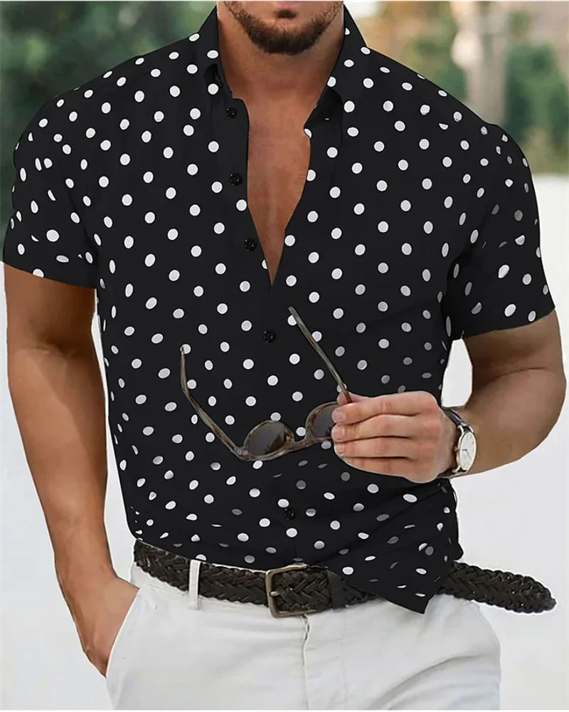 

Men's shirt summer beach shirt black and white short sleeve polka dot lapel vacation clothing fashionable casual comfortable 5XL