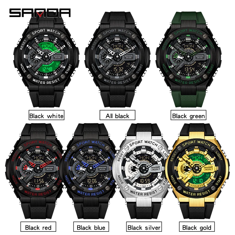 SANDA 3170 New Handlift Light Multi functional Sports Waterproof and Shockproof Alarm Clock Men's Watch Digital Wristwatches