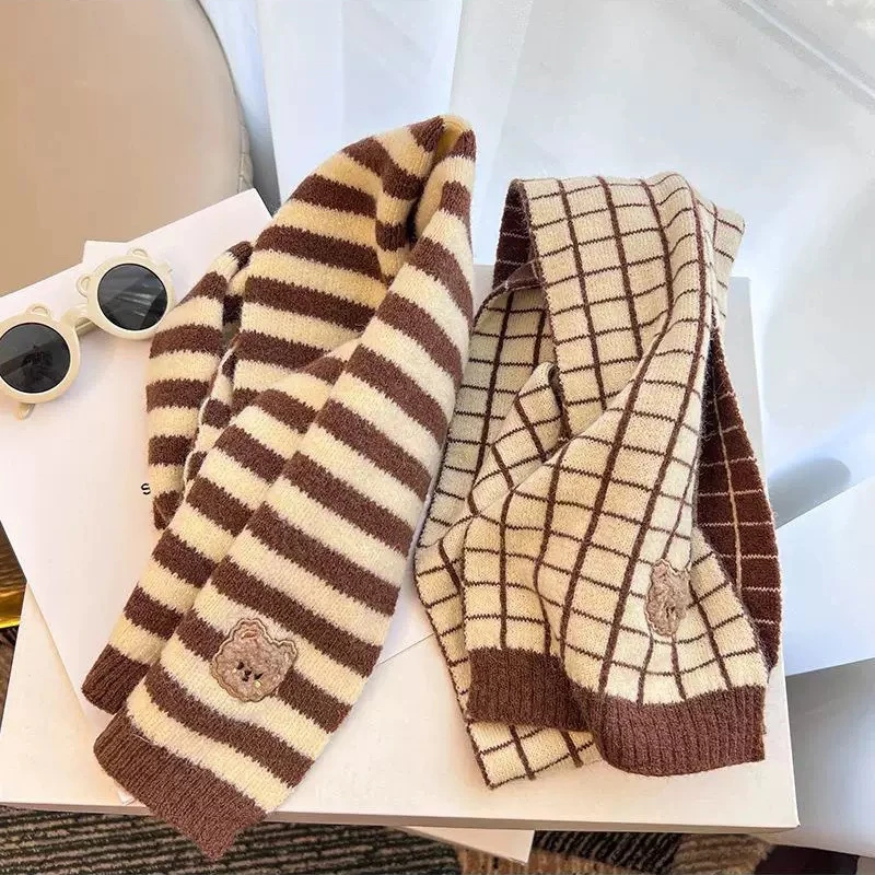 Cute Plaid Striped Bear Kids Scarf Korean Knitted Winter Warm Scarves Children Girl Boys Outdoor Cold-proof Neckcheif Shawl