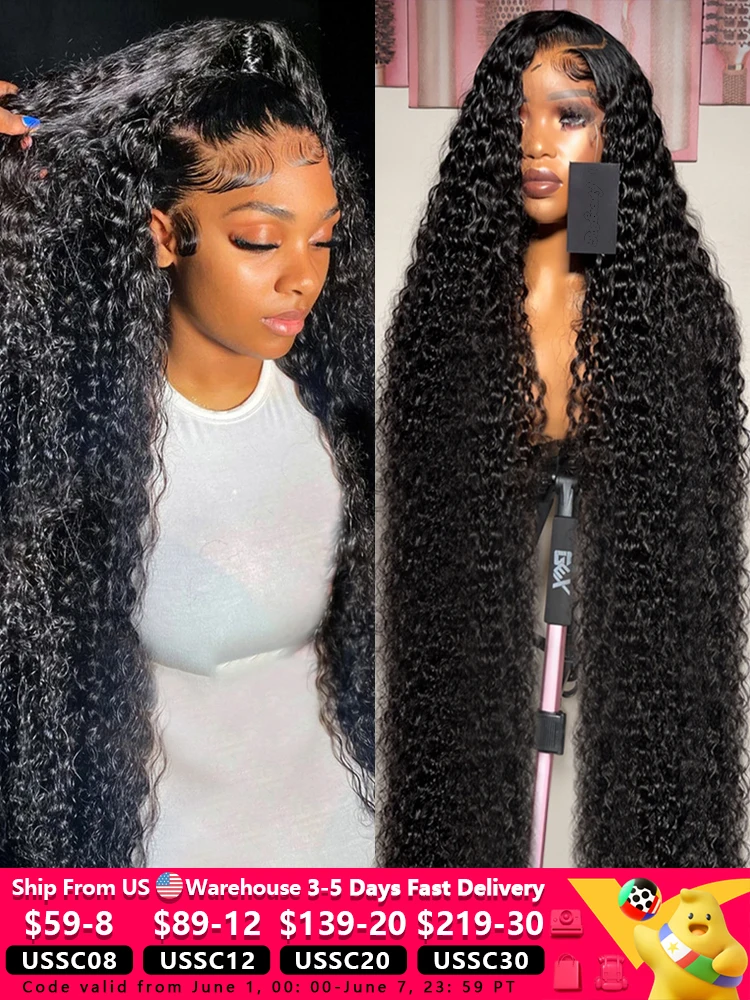 Perruque Lace Front Wig naturelle bouclée, cheveux humains, Deep Wave, 13x6, 13x4, pre-plucked, sans colle, 360 de densité, 30 40 pouces