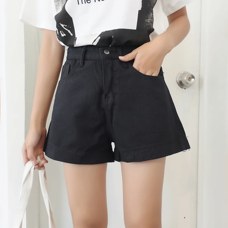 Spring New Korean Style Simple Flanging High Waist Slimming Denim Shorts Female Student All-Matching Straight Wide Leg Hot Pants compression shorts