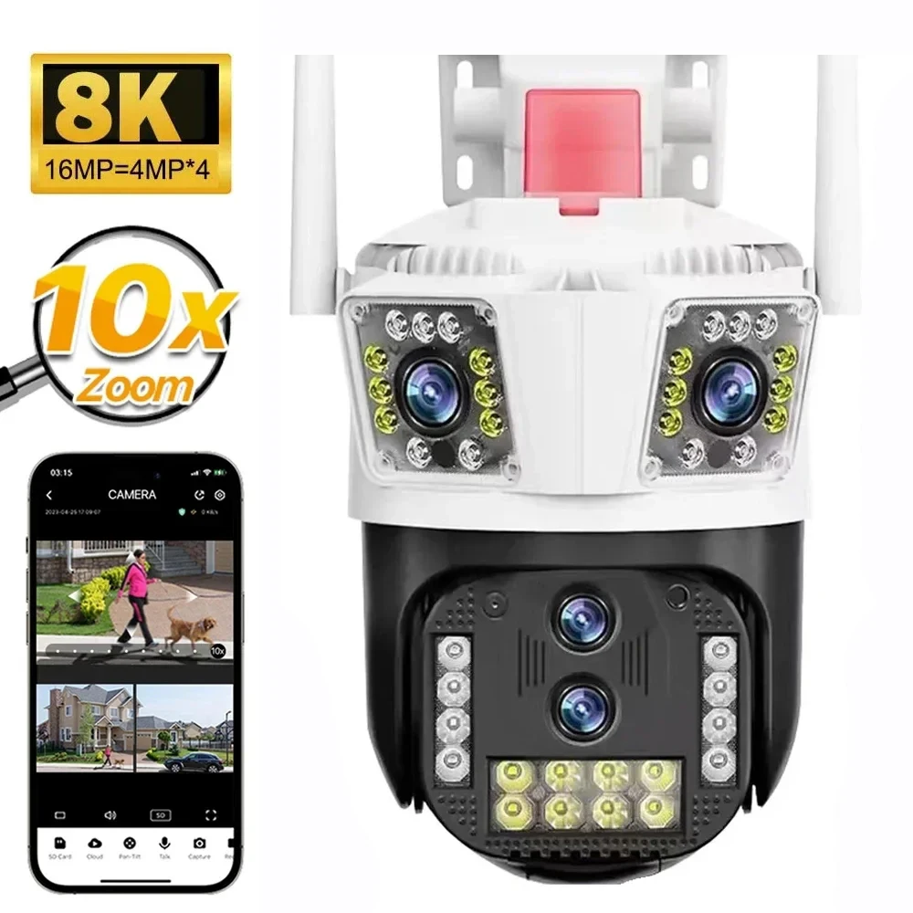 IPC360 HOME 8K 16MP 4 Lens 3 Screens 10X Zoom Auto Tracking Two Way Audio Color Night Vision Outdoor Waterproof Security Camera ipc360 home app 16mp 8k 4 lens 10x zoom wifi ptz camera 3 screens two way audio auto tracking color night vision security camera