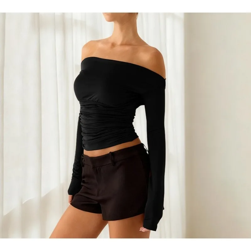 New Fashion Spring Autumn Women's One-word Collar Off-shoulder Long-sleeved T-shirt Solid Color Slim-fitting Waist Short Blouse