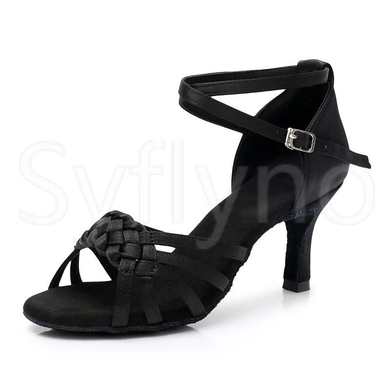 Syflyno Women's Adult New Indoor Middle Heel Performance Dance Shoes Latin Dance Shoes Chacha Satin Sandals