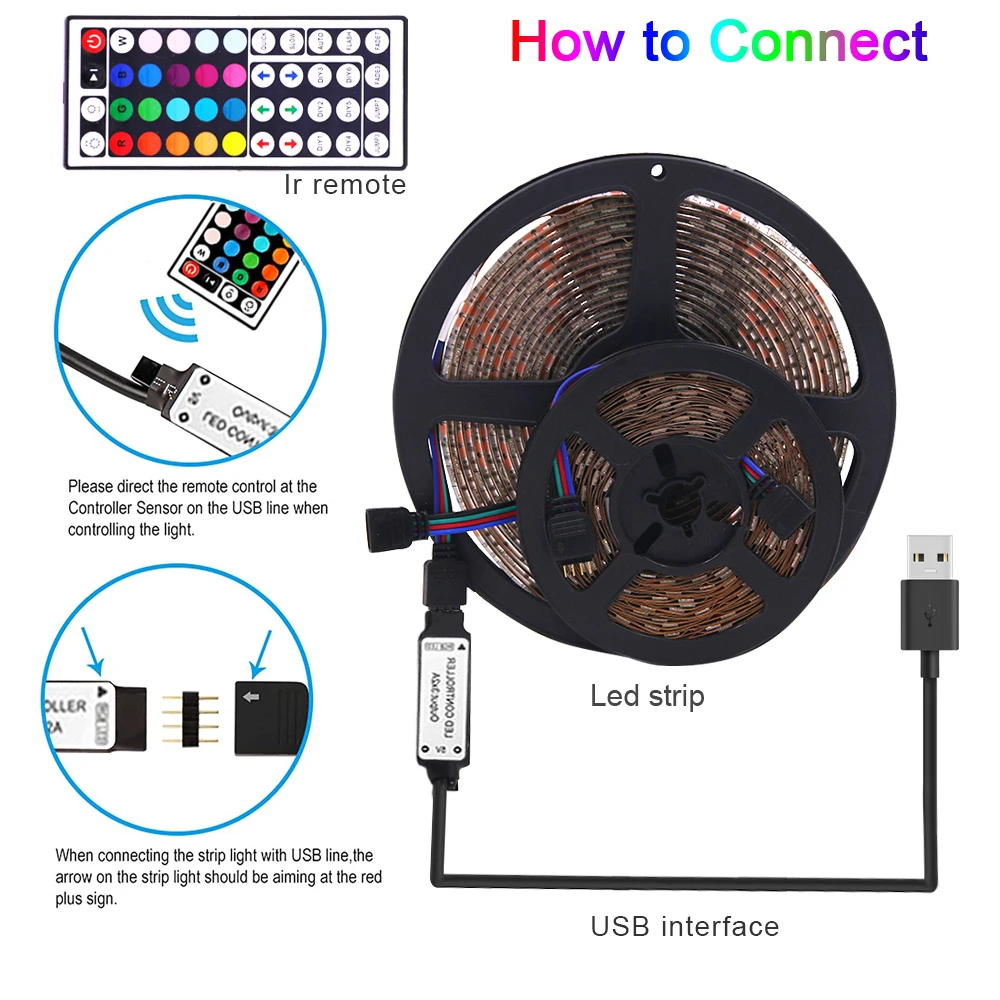5050 2835 RGB LED Ʈ Ʈ, 5V USB  , 44 Ű ŰƮ,  0.5, 1m, 5m, LED ,    TV Ʈ