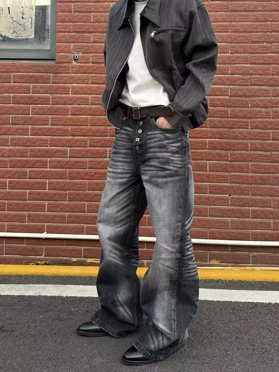 Men's Single Breasted Design Retro Black Gray Jeans Wide-leg Denim Trousers Boys Bottom High Waist Sweatpants Male Casual Pants