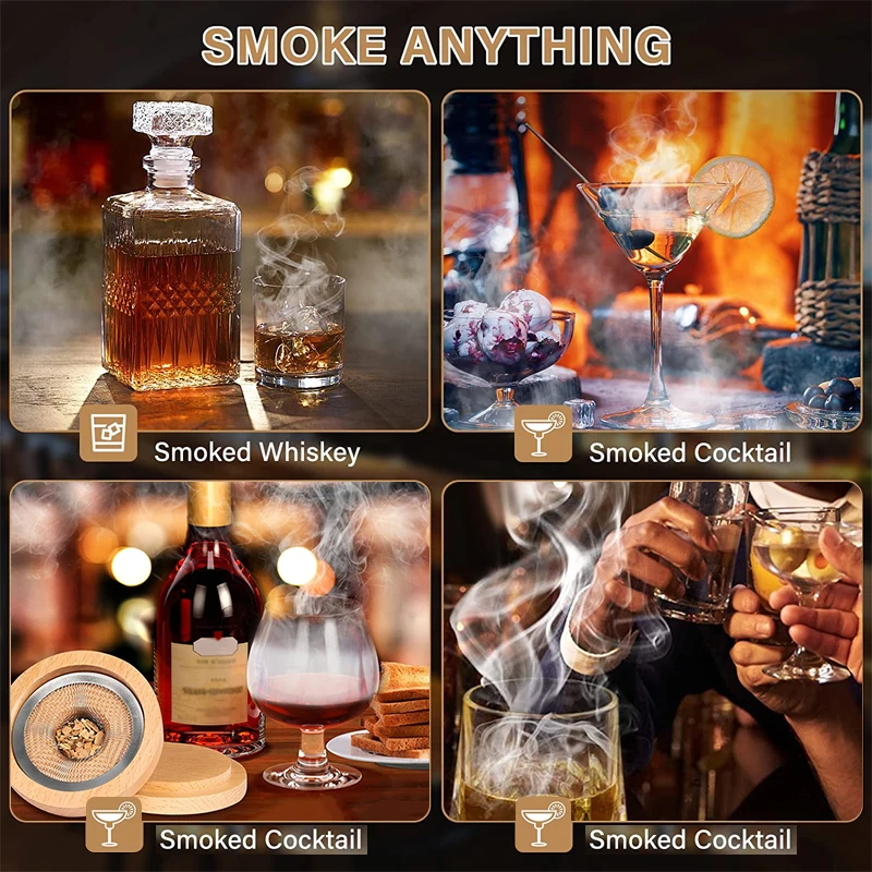 Cocktail Smoker Kit Whiskey Bourbon Wooden Smoked Bartending Sawdust Smoker Set Drinks Kitchen Bar Accessories Tools Men Gifts