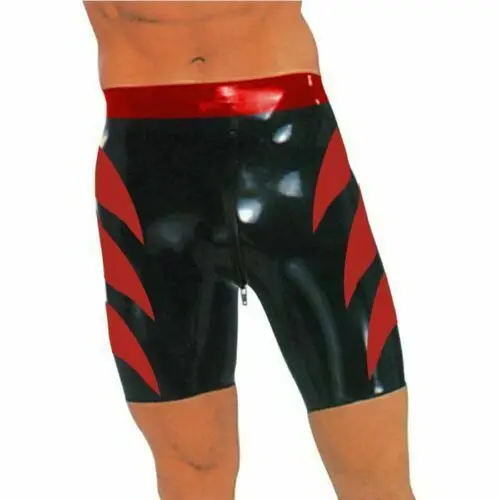 thumbnail image 1 of Pantalones cortos de látex para hombre, cintura roja y bóxer ajustado negro con cremallera, talla S-XXL, 1 of 4