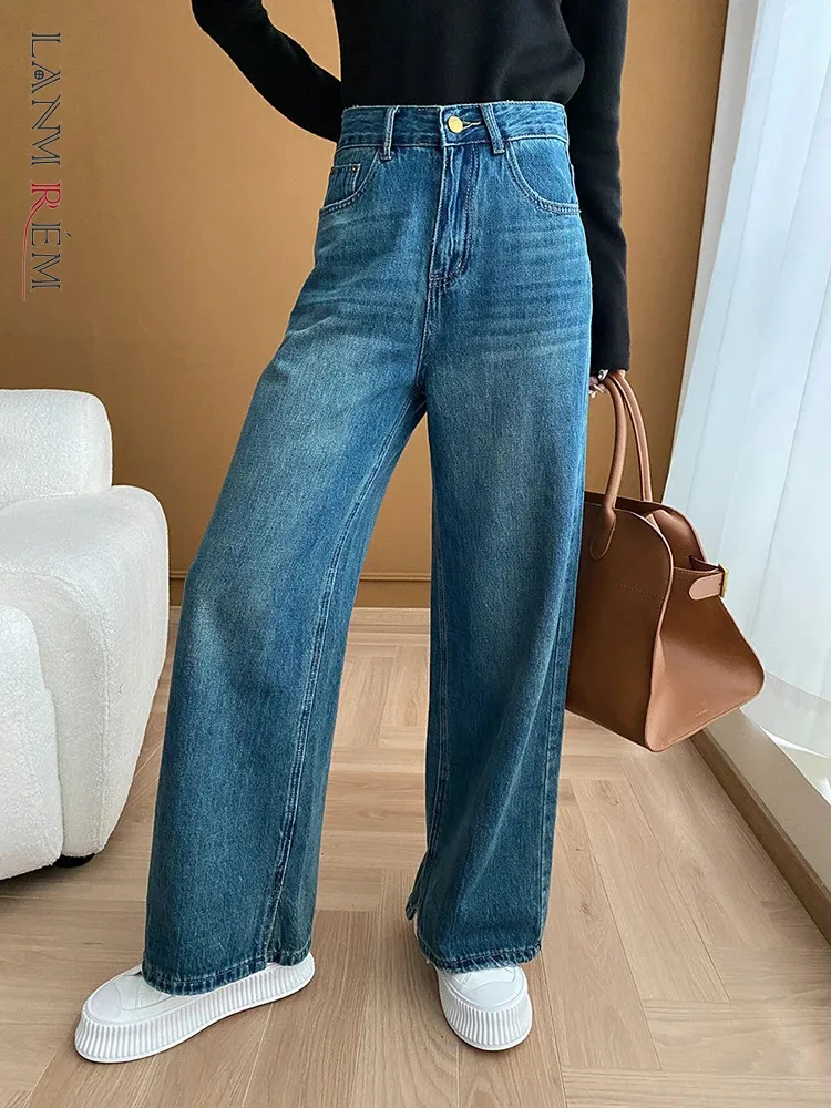 

[LANMREM] Office Lady Straight Jeans For Womrn High Waist Wide Leg Denim Pants Fashion Trousers Blue 2024 Autumn New 26D9181