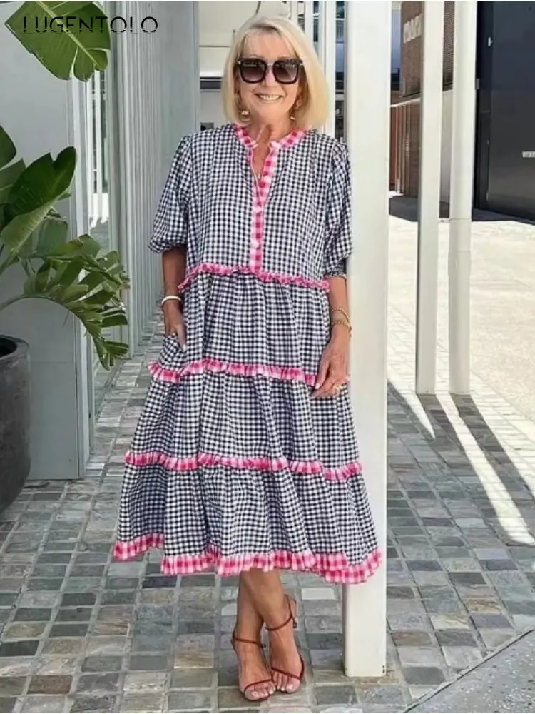 

Lugentolo Women Fashion Plaid Cake Dress New Print Loose Summer Big Swing Female Half Sleeve Large Size Pullover Maxi Dresses