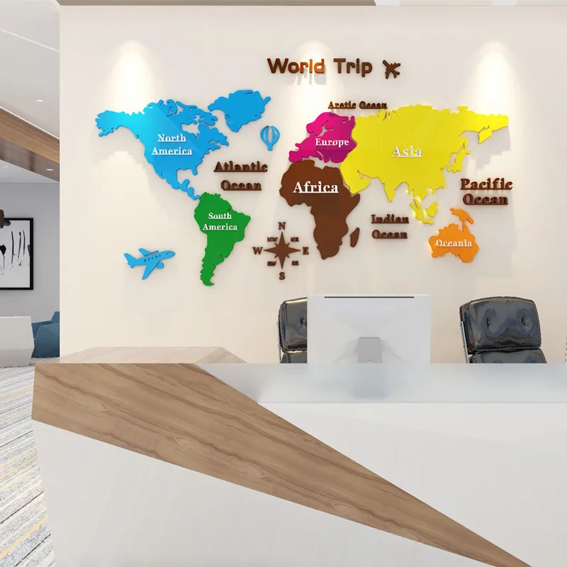 3D Acrylic Colorful World Map Wallpaper Mirror wall Stickers for Living Room Office TV Background Wall Decorative Wallpaper Map