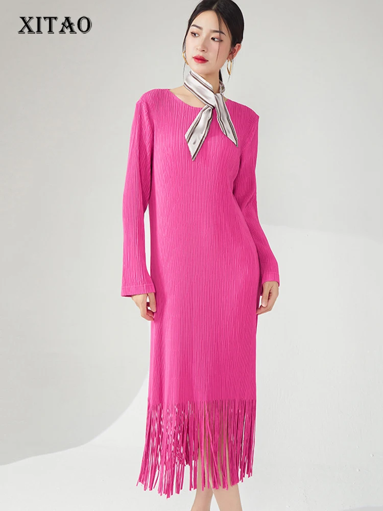 

XITAO Tassel Solid Color Knitting Dress O-neck Long Sleeve Advanced Sense Temperament Elegant 2024 Women New Dress DMJ3858