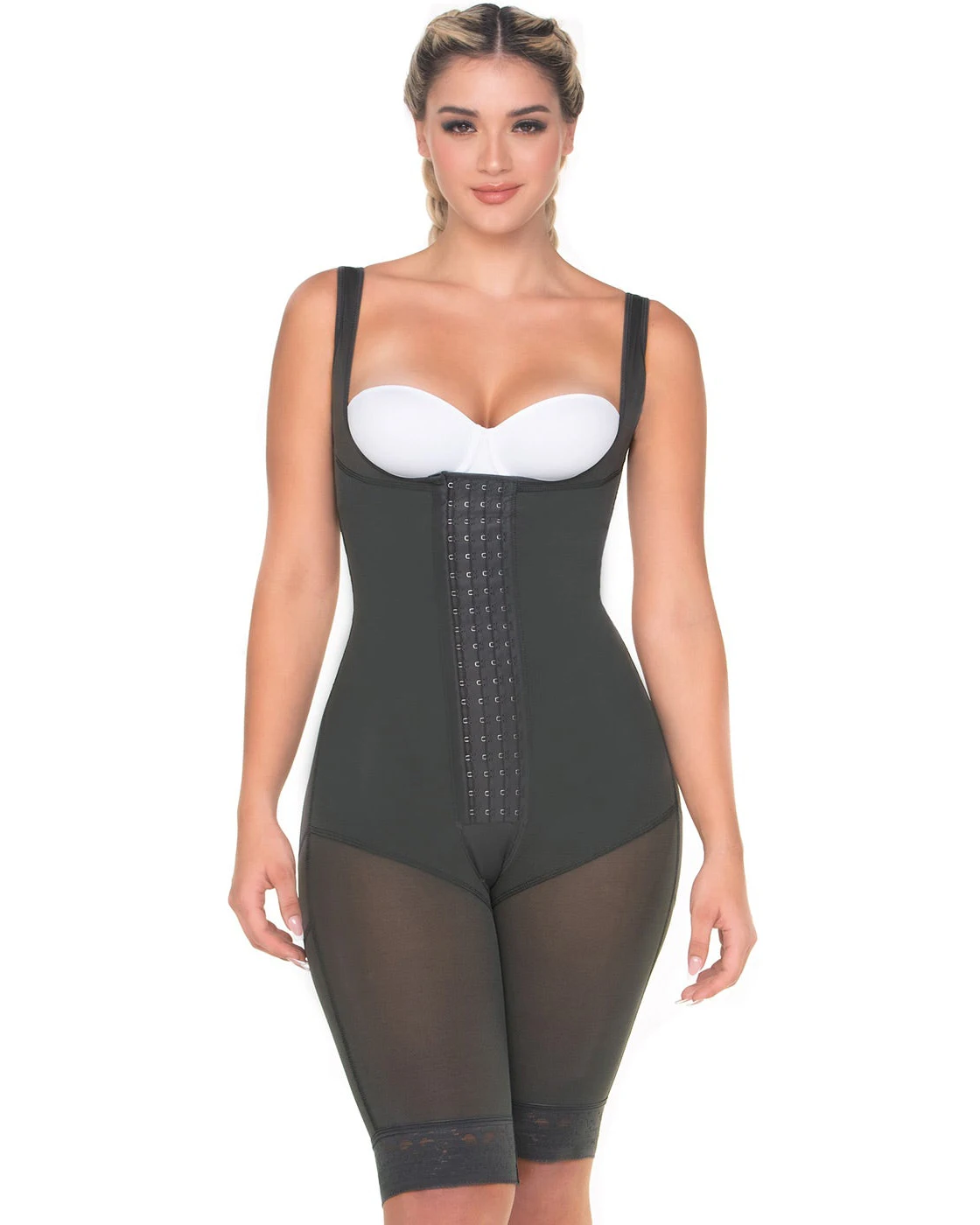 Liposuction Post Surgery Knee Length Body Shaper for Women Open Bust with Front Closure Sleeveless Shapewear Hip Enhance