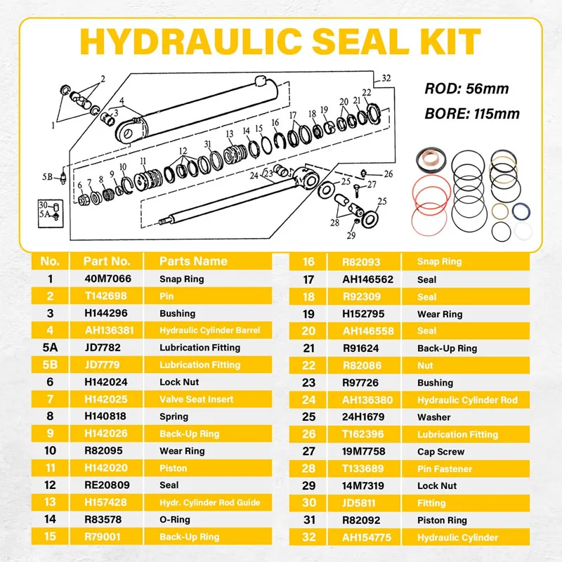 Kit de joints hydrauliques AH154775 pour HONintervalles de rétrocaveuse, adapté pour John Deere ravi D, 315D, 410D, le plus récent: alésage de 56mm, 115mm