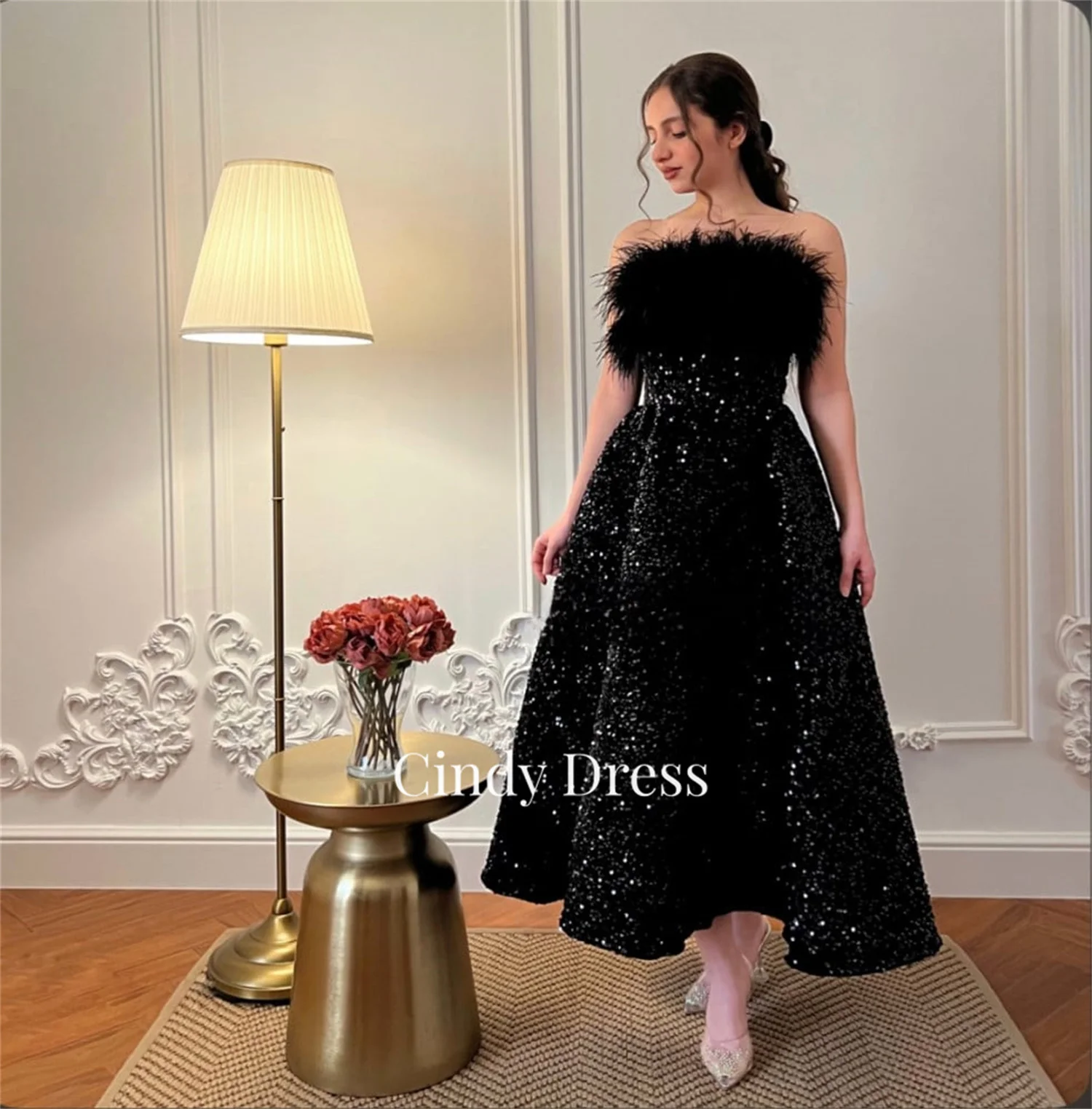 

Eid Al-fitr Sharonsaid Sequins Evening Dresses for Prom Dress Women Strapless Feather Ball Gowns Black Party Dresses and Events